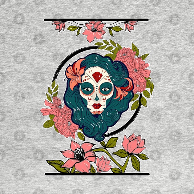 Sugar Skull Girl Floral Magnolia by Redmanrooster